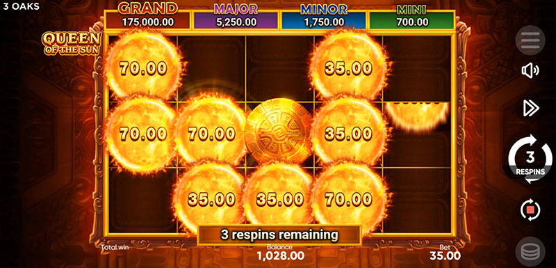 3 Oaks Queen Of The Sun Slot - Respin Reset to 3
